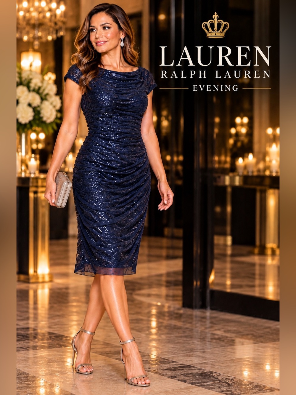 Lauren Ralph Lauren Evening Navy Sequin Ruched Cocktail Dress 12P